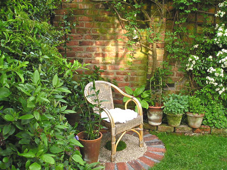 View of the new brick circle in the far corner of the garden, 22 May 2005